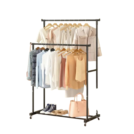 Tendedero de ropa de doble barra con ganchos, organizador colgante para ropa de dormitorio, perchero móvil con ruedas