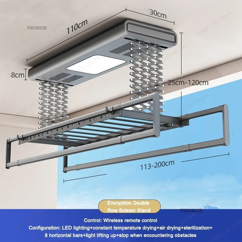 Tendedero de Ropa Elevable Automático para Balcón, Plegable y Retráctil con Control Remoto e Iluminación