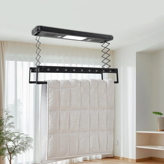 Tendedero eléctrico montado en pared mostrando su diseño retráctil
