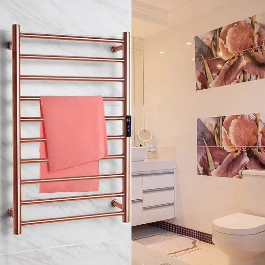 Detalle del acabado rose gold del toallero calefactor