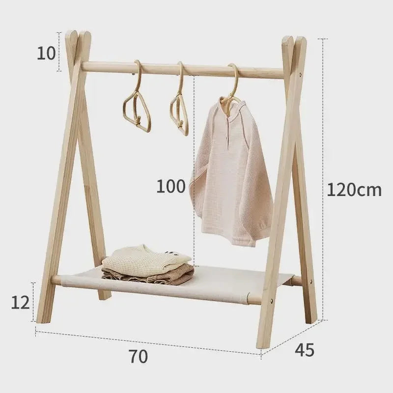 Tendedero de Ropa de Madera para Niños, Autoportante, Sin Perforaciones, Baja Altura, Móvil y Plegable