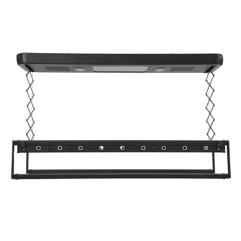Luz LED integrada en tendedero eléctrico iluminando la ropa