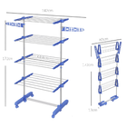 Homcom Tendedero Vertical de 4 Niveles con 6 Ruedas, 2 Laterales Plegables, Estantes Ajustables y Estructura de Acero Inoxidable, Azul