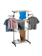 Tendedero de Ropa Plegable Vertical Bloom con 3 Alturas y Ruedas, Metal, Negro y Natural, 80-140x57x165 cm