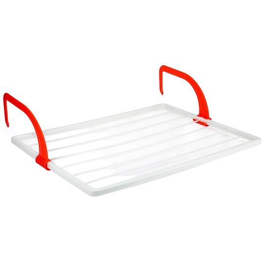 Tradineur - Tendedero plegable para radiador, 4m de secado, blanco con ganchos rojos, resina resistente al sol