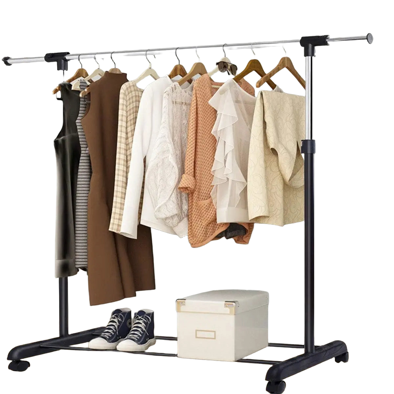 1 Juego de Barra Telescópica para Colgar Ropa, Perchero Ajustable de Suelo con 4 Ruedas Móviles, Estante Portátil para Trajes, Bolsos y Faldas Largas