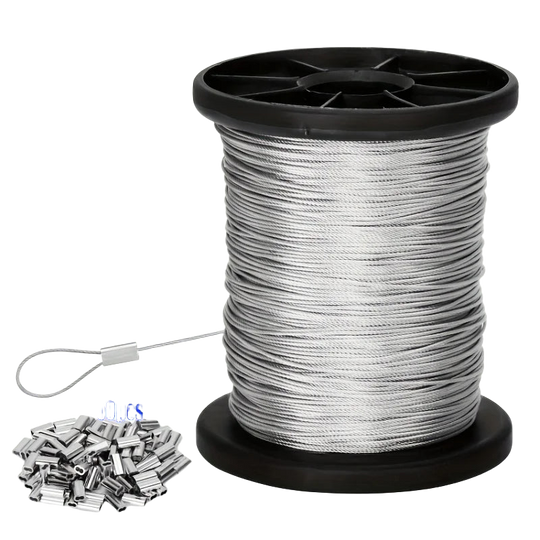 Cable de acero inoxidable 50 m/196 ft con 50 crimps de aluminio, núcleo 7x7, cuerda 304 para colgar al aire libre, tendedero, jardín
