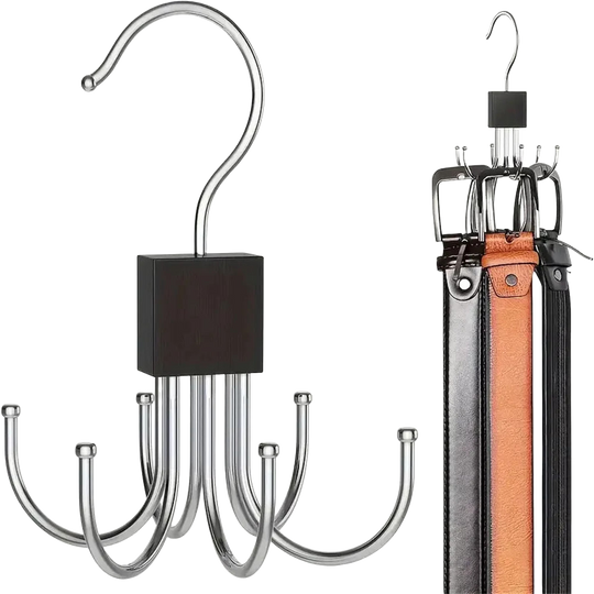 Gancho Giratorio 360° con Múltiples Garras para Organizar Bolsos, Cinturones, Sostenes y Corbata - Estante de Madera y Metal para Armario
