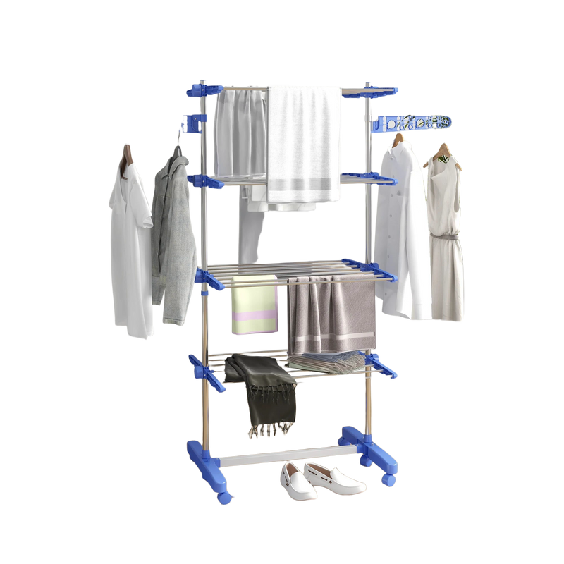 Homcom Tendedero Vertical de 4 Niveles con 6 Ruedas, 2 Laterales Plegables, Estantes Ajustables y Estructura de Acero Inoxidable, Azul