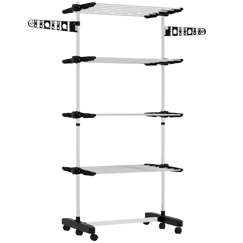 Homcom Tendedero Vertical de 4 Niveles con Ruedas, 2 Lados Plegables, Estantes Ajustables y Armazón de Acero Negro y Plateado