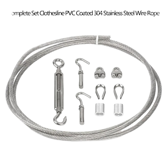 Juego Completo de Cuerda para Tendedero Recubierta de Plástico, Cable de Acero Inoxidable 304, para Interior o Exterior, con Tornillos de Expansión