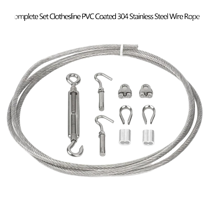 Juego Completo de Cuerda para Tendedero Recubierta de Plástico, Cable de Acero Inoxidable 304, para Interior o Exterior, con Tornillos de Expansión