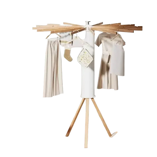 Juego de 1 Tendedero de Ropa Giratorio Plegable con Brazos de Madera, Base Trípode Ahorradora de Espacio y Barras Giratorias 360°, Ajustable y Compact