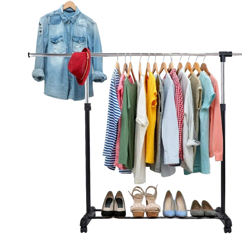 Juego de Barra Telescópica Ajustable para Ropa con 4 Ruedas, Perchero de Suelo para Balcón y Interior, Ideal para Colgar Bolsos, Abrigos y Faldas Larg