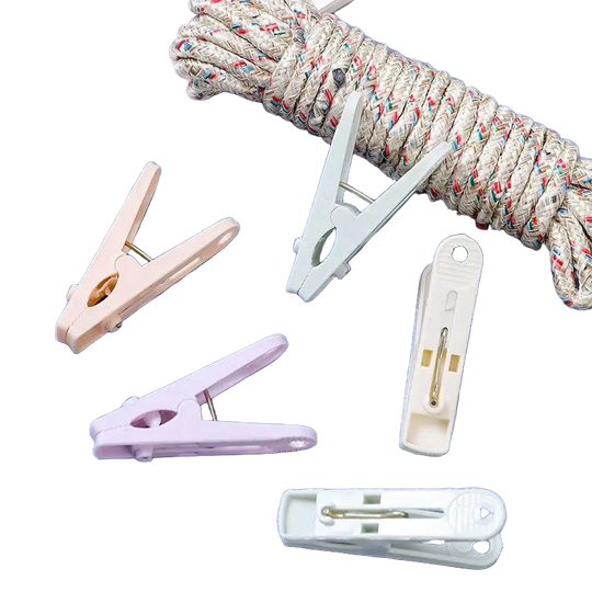 Juego de Cuerda de Ropa con 12 Pinzas Coloridas, Multifuncional, Antiviento, para Uso Interior y Exterior - Portátil y Resistente