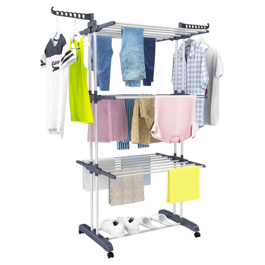 Mikomika tendedero de acero inoxidable plegable, 4 niveles con alas laterales, 6 bandejas retráctiles, capacidad 35 kg, 4 ruedas 360° y diseño plegabl