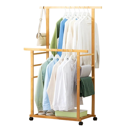 Perchero Doble Capa con Ruedas - Estante para Ropa Resistente