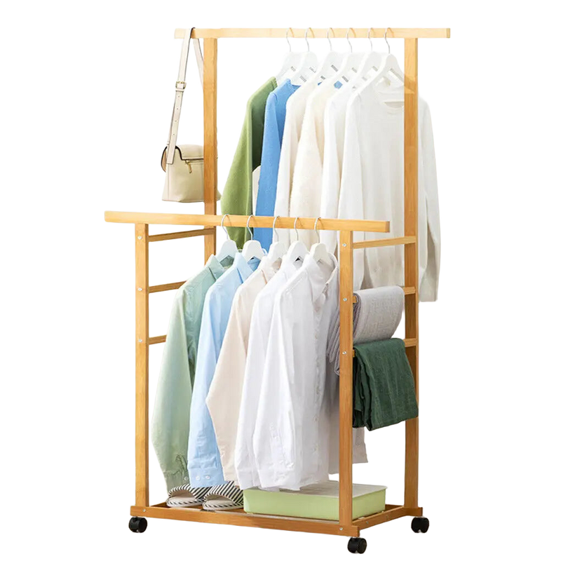 Perchero Doble Capa con Ruedas - Estante para Ropa Resistente