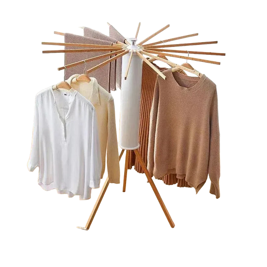 Set de Tendedero de Ropa Plegable Giratorio con Brazos de Madera, Base Trípode Ahorradora de Espacio y Barras Giratorias 360°, Ajustable Compacto