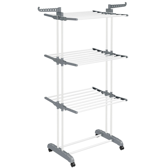 SONGMICS Tendedero de Ropa Plegable, 4 Niveles Móvil, Ruedas Bloqueables, Acero Inoxidable, 64x126x172 cm