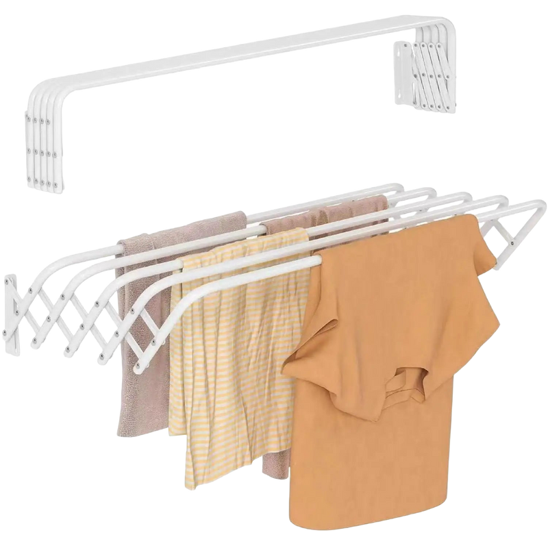 Tendedero de pared extensible 60/80/100/120 cm de acero blanco, plegable para interior o exterior, con 5 barras