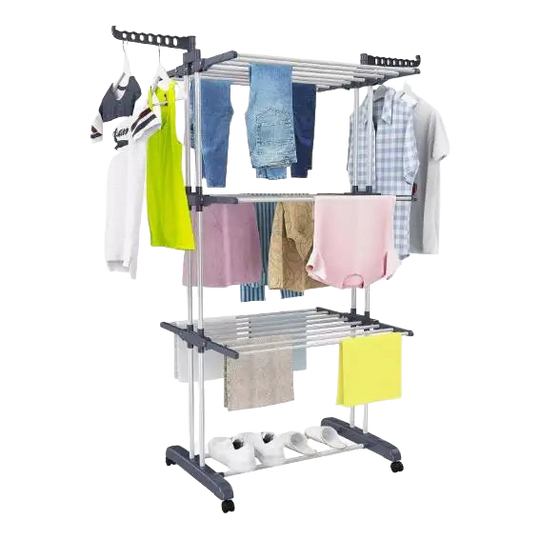 Tendedero de pie, 4 niveles, vertical plegable con ruedas, acero inoxidable, interior y exterior, gris