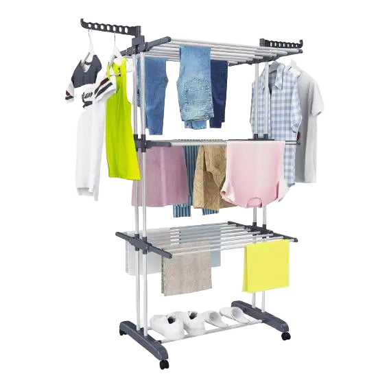Tendedero de pie, 4 niveles, vertical plegable con ruedas, acero inoxidable, interior y exterior, gris
