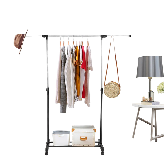 Tendedero de ropa ajustable de altura de 77 a 157 cm barra extensible metálica y portátil con ruedas Negro