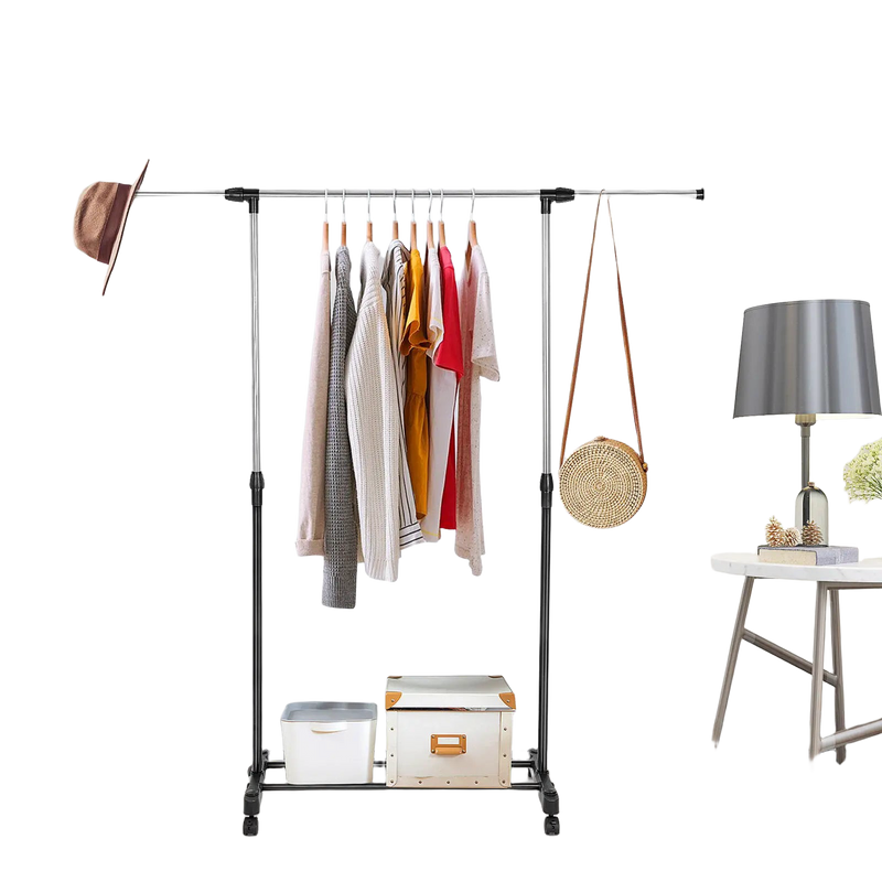 Tendedero de ropa ajustable de altura de 77 a 157 cm barra extensible metálica y portátil con ruedas Negro