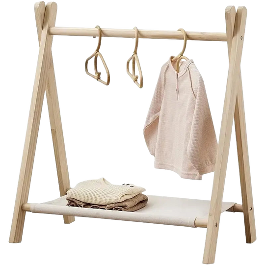 Tendedero de Ropa de Madera para Niños, Autoportante, Sin Perforaciones, Baja Altura, Móvil y Plegable