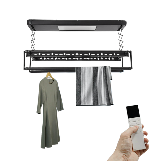 Tendedero de Ropa Eléctrico Retráctil 24W con Luz LED y Mando a Distancia - Techo, Negro/Blanco Hueso/Gris Claro