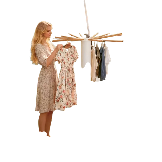 Tendedero de Ropa Giratorio Plegable 360° con Brazos de Madera Ajustable Ahorro de Espacio