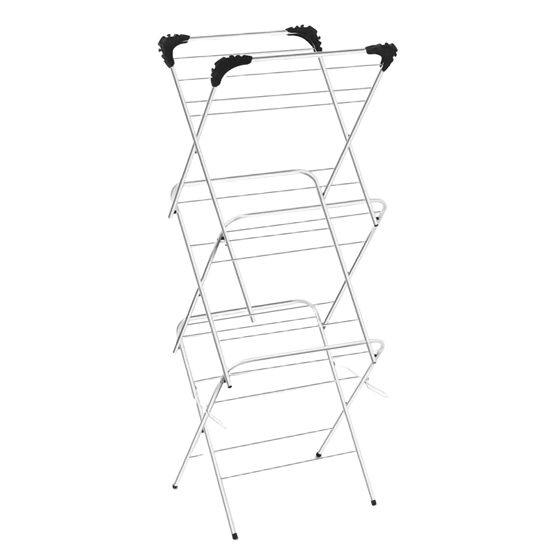 Tendedero de Ropa Plegable - Estante Vertical de 3 Niveles, Metal y PP Plástico, Blanco, Compacto 47x41x136 cm, Perfecto para Espacios Pequeños, Fácil