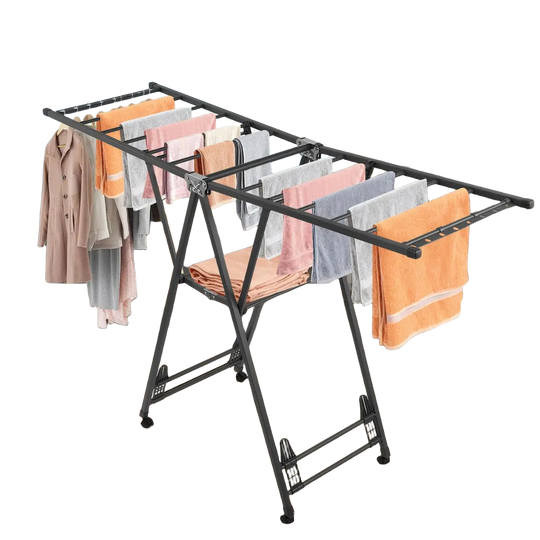 Tendedero de Ropa Plegable 160cm con Soporte para Zapatos, Altura Ajustable, Telescópico, con Ruedas