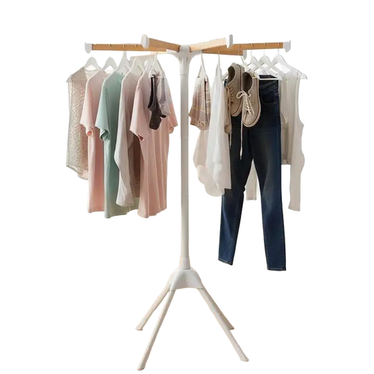 Tendedero de ropa plegable de 4 patas con 8 varillas de bambú y 40 ranuras para ganchos, color natural y blanco