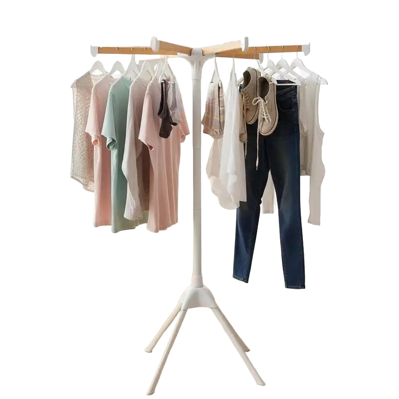 Tendedero de ropa plegable de 4 patas con 8 varillas de bambú y 40 ranuras para ganchos, color natural y blanco