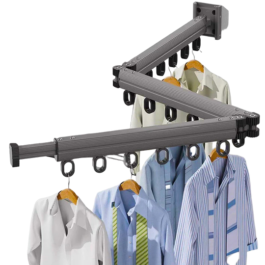 Tendedero de Ropa Plegable de Pared con Poste Retráctil, Ahorrador de Espacio 3 Pliegues
