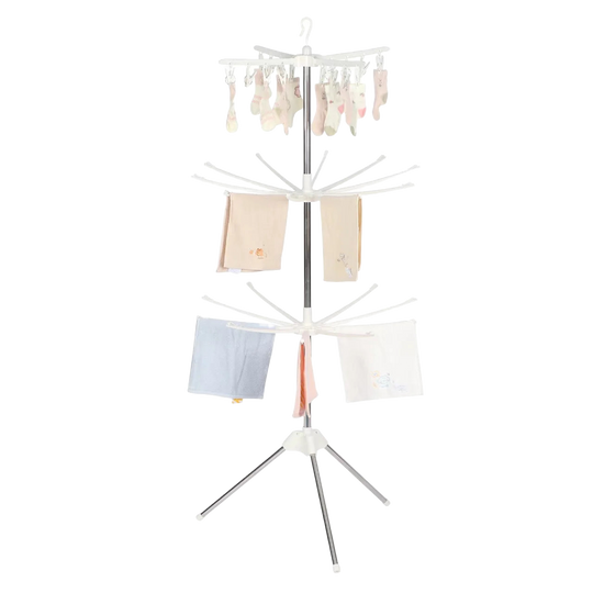 Tendedero de Ropa Plegable Trípode 360° Giratorio de Tres Niveles para Balcones y Uso Interior/Exterior