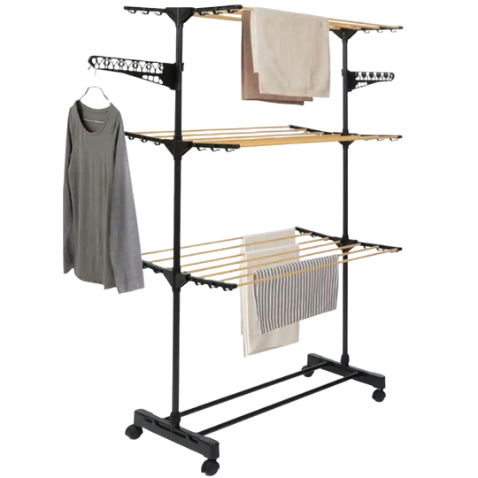Tendedero de Ropa Plegable Vertical Bloom con 3 Alturas y Ruedas, Metal, Negro y Natural, 80-140x57x165 cm