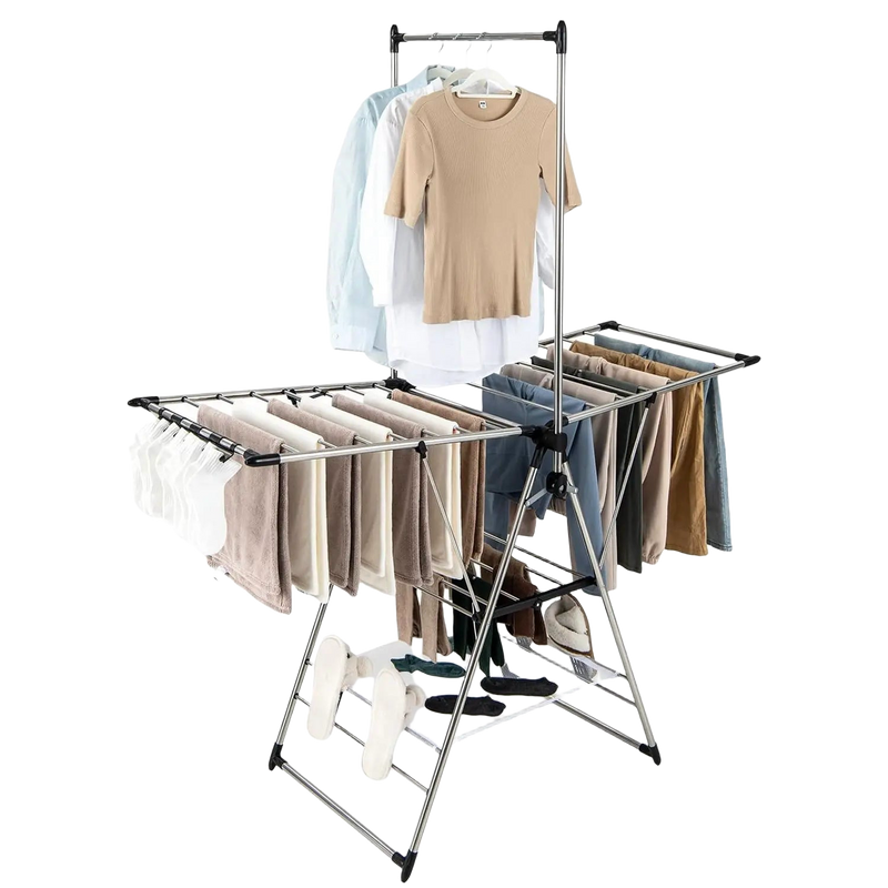 Tendedero de Ropa Plegable, Extensible, Ajustable con Alas y Estante para Zapatos