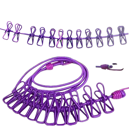 Tendedero de Ropa Portátil con 12 Pinzas - Cuerda Extensible Multifuncional para Exteriores