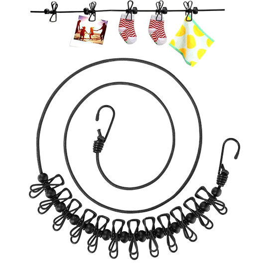 Tendedero de Ropa Portátil con 12 Pinzas para Viaje y Camping - Cuerda Antiviento