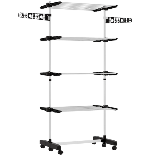 Tendedero de Ropa Vertical de 4 Niveles con Ruedas, 2 Lados Plegables, Estantes Ajustables y Marco de Acero Negro y Plateado