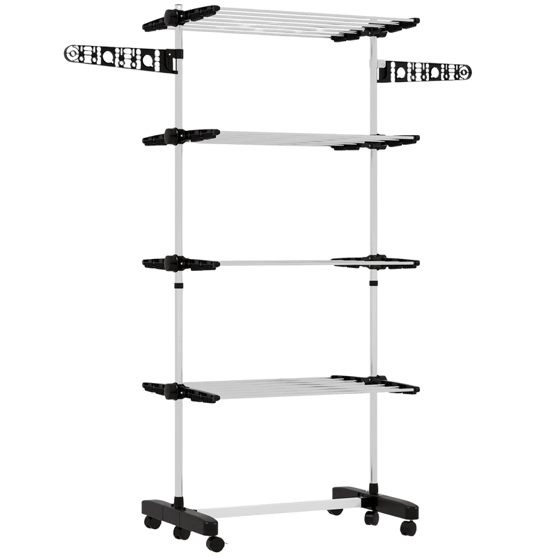 Tendedero de Ropa Vertical de 4 Niveles con Ruedas, 2 Lados Plegables, Estantes Ajustables y Marco de Acero Negro y Plateado