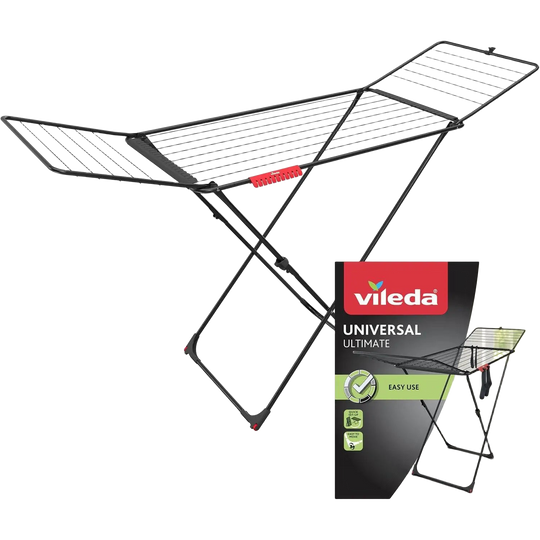Tendedero de ropa Vileda Universal Ultimate, diseño plegable de acero de 18 m con ruedas integradas para transporte fácil, incluye 24 ganchos para cal