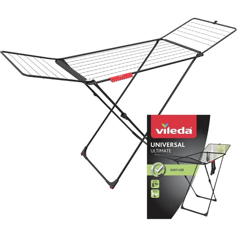 Tendedero de ropa Vileda Universal Ultimate, diseño plegable de acero de 18 m con ruedas integradas para transporte fácil, incluye 24 ganchos para cal