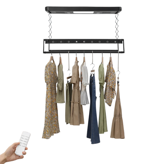 Tendedero Eléctrico 220V Negro con Control Remoto, Cuerda para Pared y Techo, con Luz LED