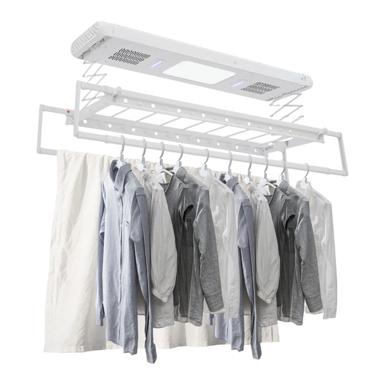 Tendedero Eléctrico Inteligente con Control Remoto, Aluminio, Abatible, Ventilador y Esterilización UV para Balcón y Baño