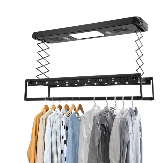 Tendedero Eléctrico Retráctil con Control Remoto 130-215x52 cm para Balcones de Madera
