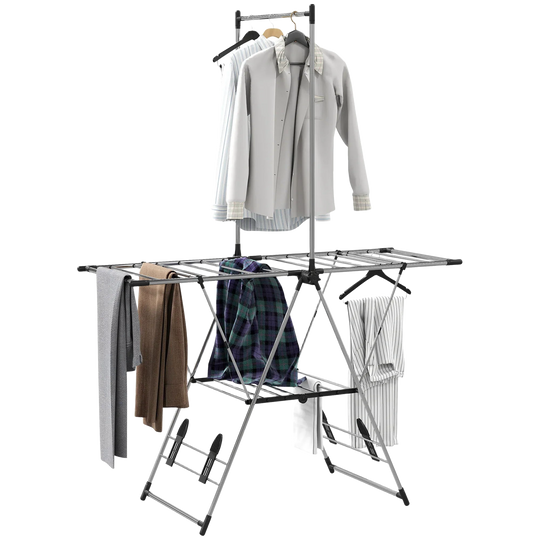 Tendedero Vertical Plegable con Alas Ajustables, 4 Estantes para Zapatos y Estante 139x62.5x201 cm Plateado